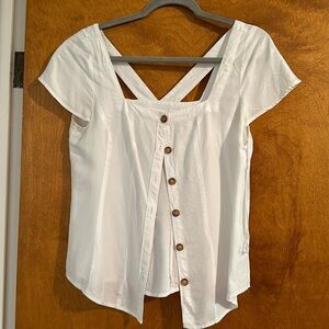 Maeve from Anthropologie square neck button up blouse.